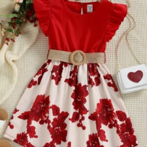 VESTIDO ROJO, FALDA FLOREADA CON CINTO T 7 AÑOS