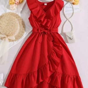 VESTIDO ROJO CON VOLADOS Y CINTO T 8 AÑOS