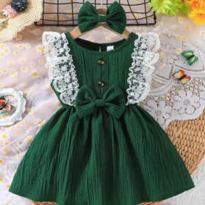 VESTIDO VERDE DETALLE PUNTILLA CON MOÑO T 6-9 MESES