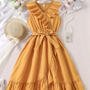 VESTIDO MOSTAZA CON VOLADOS Y CINTO T 7 AÑOS