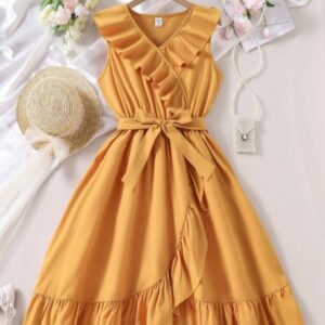 VESTIDO MOSTAZA CON VOLADOS Y CINTO T 9 AÑOS