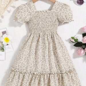 VESTIDO BEIGE FLOREADO CON MANGUITAS T 5 AÑOS