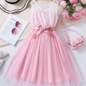 VESTIDO ROSA Y BLANCO CON CINTO T 12 AÑOS