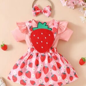 BODY CON JARDINERA DE FRUTILLITA Y VINCHA T 0-3 MESES