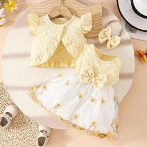 VESTIDO DE MARIPOSAS AMARILLO CON SAQUITO Y VINCHA T 18-24 MESES