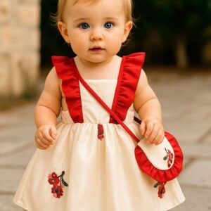 VESTIDO BEIGE DETALLES BORDADOS CON CARTERITA T 6-9 MESES