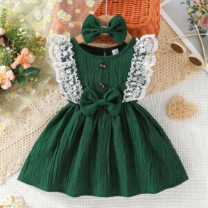 VESTIDO VERDE DETALLE PUNTILLA CON MOÑO T 12-18 MESES