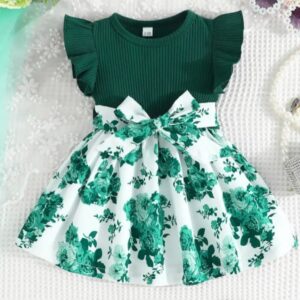 VESTIDO VERDE FALDA FLOREADA CON CINTO T 6-9 MESES