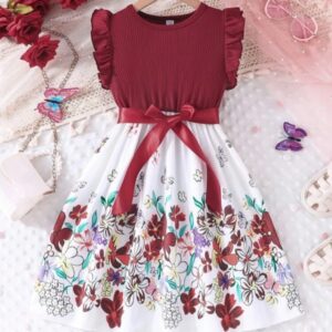 VESTIDO BORDO FALDA FLOREADA CON CINTO T 5 AÑOS