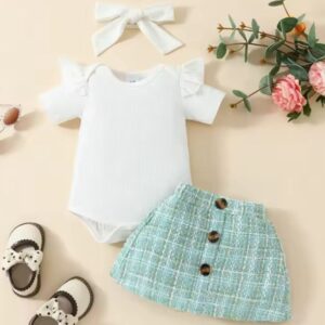 CONJUNTO BLUSA Y POLLERA TURQUESA CON VINCHA T 12-18 MESES