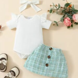 CONJUNTO BLUSA Y POLLERA VERDE CLARO BRILLOS CON VINCHA T 9-12 MESES