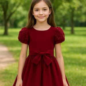 VESTIDO BORDÓ CON CINTO Y DETALLE MARIPOSAS EN MANGAS T 12 AÑOS