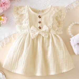 VESTIDO BEIGE OSCURO DETALLES ENCAJE T 6-9 MESES