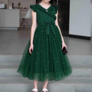 VESTIDO VERDE VOLADITOS CON CINTO, FALDA TUL ESTRELLITAS T 8 AÑOS