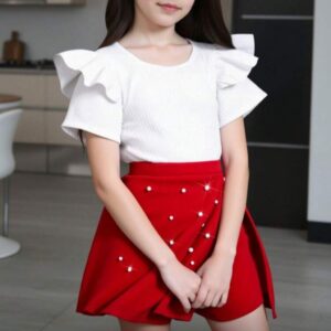 CONJUNTO BLUSA Y SHORT POLLERA PERLITAS ROJO T 11 AÑOS