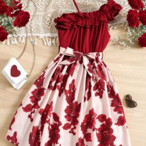 VESTIDO BORDÓ, FALDA ESTAMPADA Y CINTO T 10 AÑOS