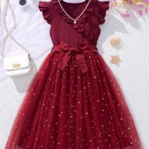 VESTIDO BORDÓ, FALDA ESTRELLITAS Y CINTO T 10 AÑOS