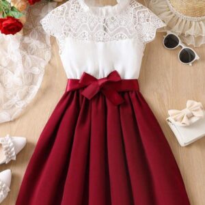 VESTIDO BLANCO Y BORDÓ CON CINTO T 7 AÑOS