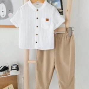 CONJUNTO CAMISA MANGAS CORTAS BLANCO CON PANTALÓN MARRÓN T 6-9 MESES