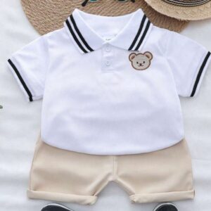 CONJUNTO REMERA POLO BLANCO CON SHORT BEIGE T 9-12 MESES