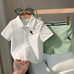 CONJUNTO CAMISA MANGAS CORTAS BLANCO CON SHORT VERDE T 2-3 AÑOS
