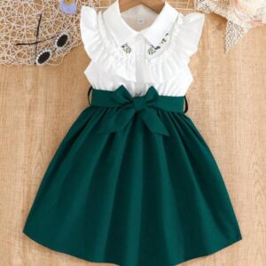 VESTIDO VERDE PETROLEO CON CUELLO TIPO CAMISA CON BORDADO T 5 AÑOS