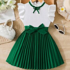 VESTIDO VERDE CON CINTO Y POLLERA TABLEADA  T 2-3 AÑOS