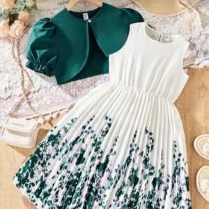 VESTIDO ESTAMPADO VERDE PLISADO CON SAQUITO T 7 AÑOS