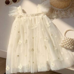 VESTIDO BEIGE CON MARIPOSAS BORDADAS T 4 AÑOS