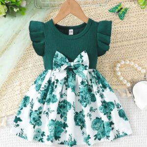 VESTIDO VERDE FALDA FLOREADA CON DETALLE MOÑO 3-6 MESES