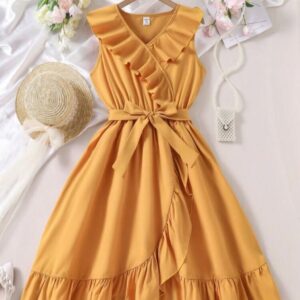 VESTIDO MOSTAZA CON VOLADOS Y CINTO T 11 AÑOS