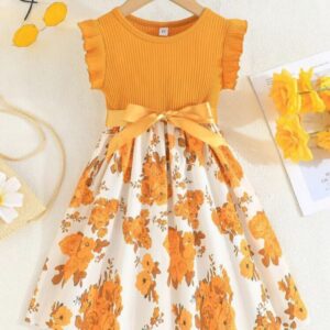VESTIDO COLOR MOSTAZA Y FLORES T 2-3 AÑOS
