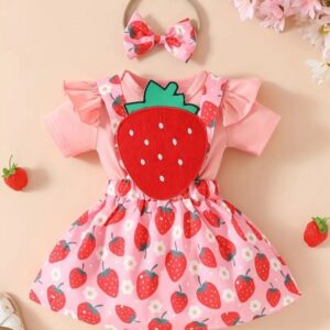 BODY CON JARDINERA DE FRUTILLITA Y VINCHA T 9-12  MESES