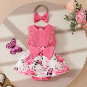 VESTIBODY ROSA DE MARIPOSAS Y FLORES CON VINCHA T 3-6 MESES