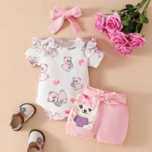 BODY DE OSITOS CON SHORT ROSA  Y LAZO PARA VINCHA T 3-6 MESES