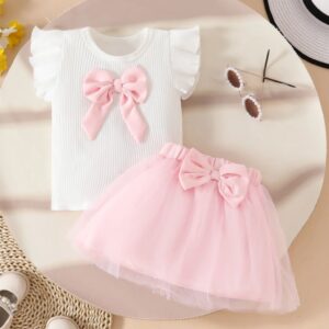 REMERA BLANCA CON MOÑO Y POLLERA TUTU ROSA T 18-24 MESES