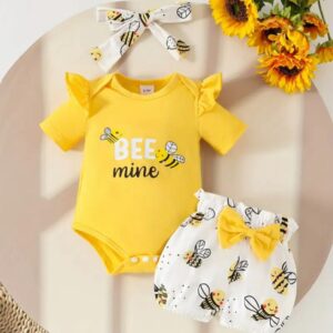 BODY DE ABEJITA Y SHORT CON LAZO PARA VINCHA T 3-6 MESES