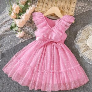 VESTIDO ROSA  CON TUL Y CINTO TALLE 5 AÑOS
