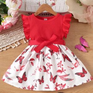 VESTIDO ROJO DISEÑO MARIPOSAS Y CINTO T 12-18 MESES