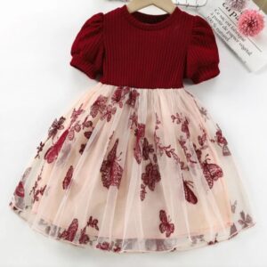 VESTIDO BORDO CON MANGUITAS FALDA MARIPOSAS T 18-24 MESES
