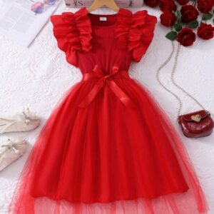 VESTIDO ROJO CON DETALLE VOLADOS MANGA T 7 AÑOS