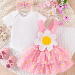 BODY BLANCO CON POLLERITA MARGARITA Y VINCHA T 6-9 MESES