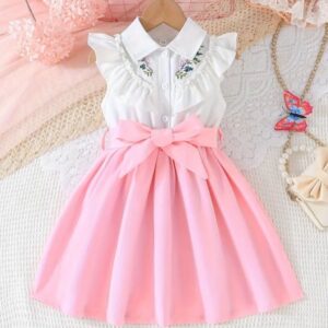 VESTIDO BLANCO Y ROSA CON BORDADO CON CINTO T 5 AÑOS