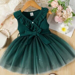 VESTIDO VERDE VOLADOS CRUZADO, TUL BRILLOS CON CINTO T 3-6 MESES