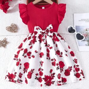 VESTIDO ROJO, FALDA ESTAMPADO ROSAS T 5 AÑOS