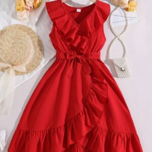 VESTIDO ROJO VOLADOS CON CINTO T 7  AÑOS