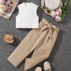 CONJUNTO BLUSA Y PANTALÓN BEIGE CON CINTO T 7 AÑOS