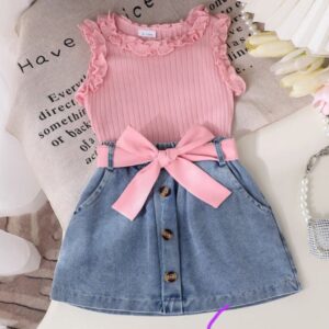 CONJUNTO BLUSA Y POLLERA DE JEANS CON CINTO T 6-9 MESES