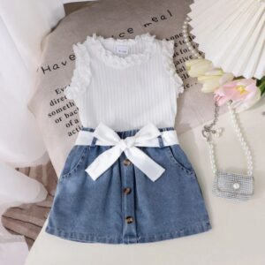 CONJUNTO BLUSA  BLLANCA Y POLLERA DE JEANS CON CINTO T 12-18 MESES
