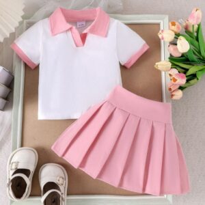 REMERA Y POLLERA TABLEADA ROSA T 6-9 MESES